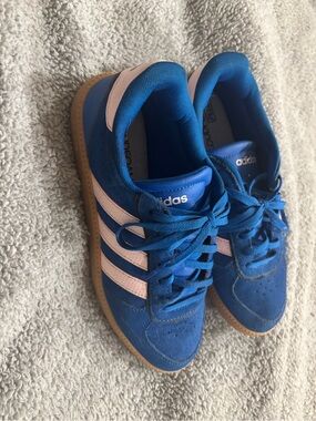 adidas woman’s  Blue Suede Sneakers with Pink and Blue  Stripes